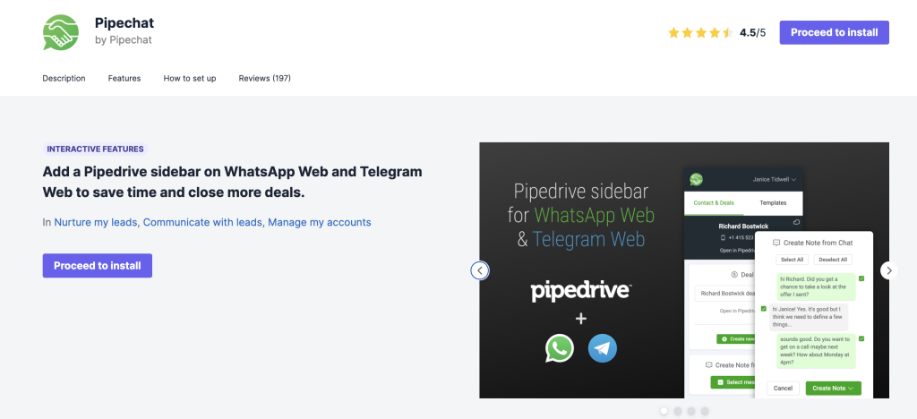 Pipechat in Pipedrive marketplace